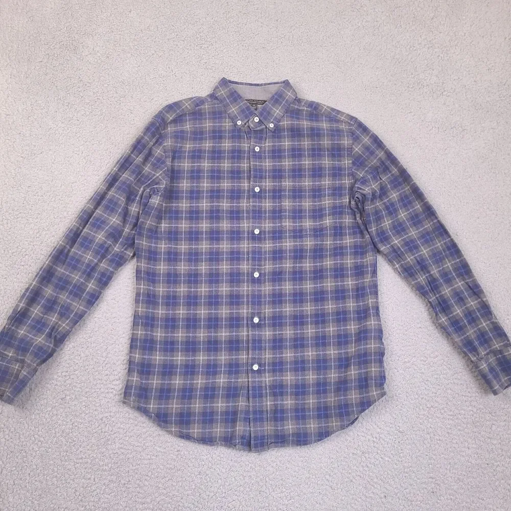 Banana Republic Luxe Flannel Shirt Mens Medium Blue Gray Plaid‎ Slim Fit Cotton